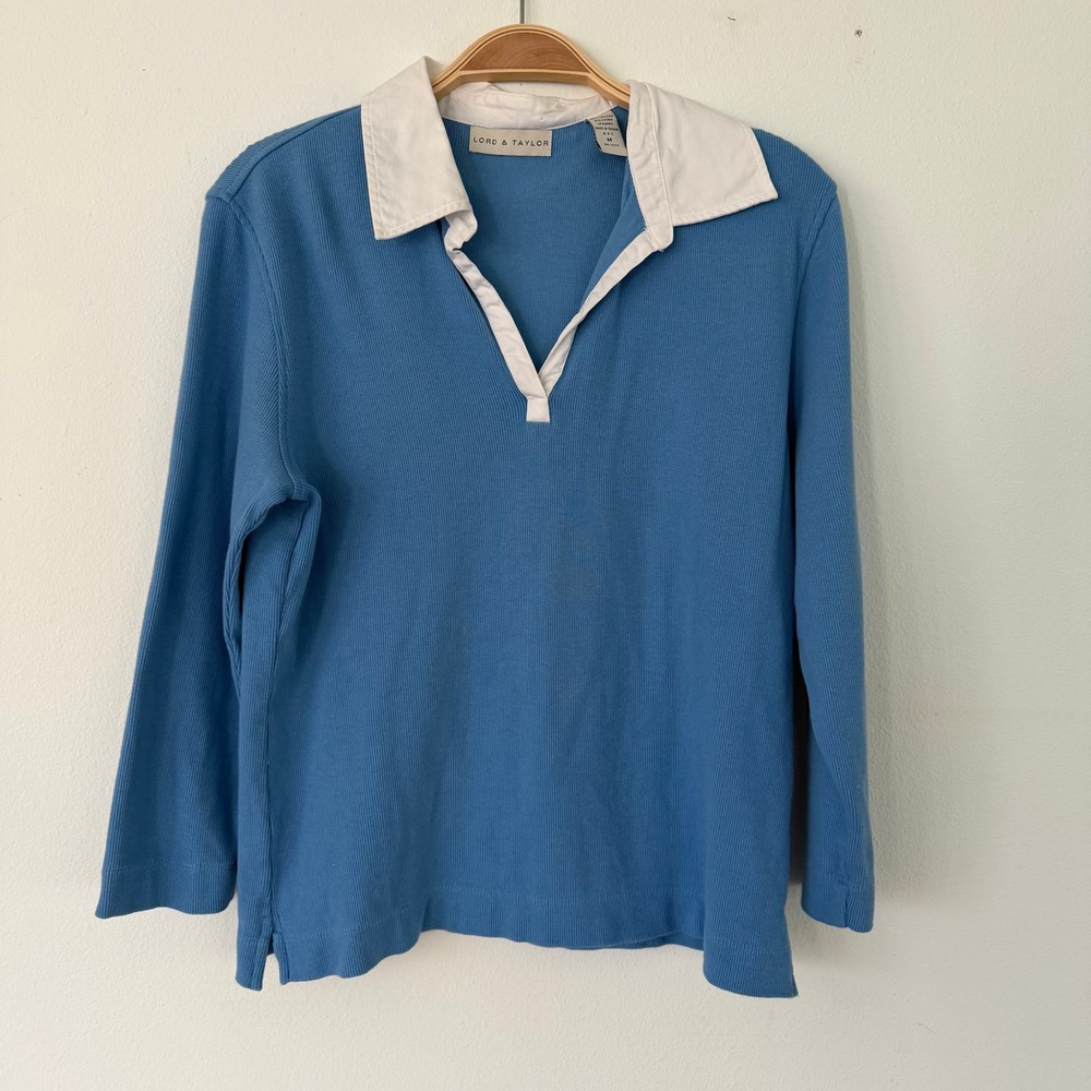 Lord & Taylor Womens Blue Ribbed Long Sleeve Polo Shirt White Collar Size M